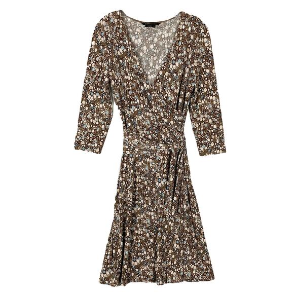 NWOT BCBGMAXAZRIA Dress L Brown Geometric-Print Faux-Wrap Tie Stretch Multicolor - Picture 2 of 16